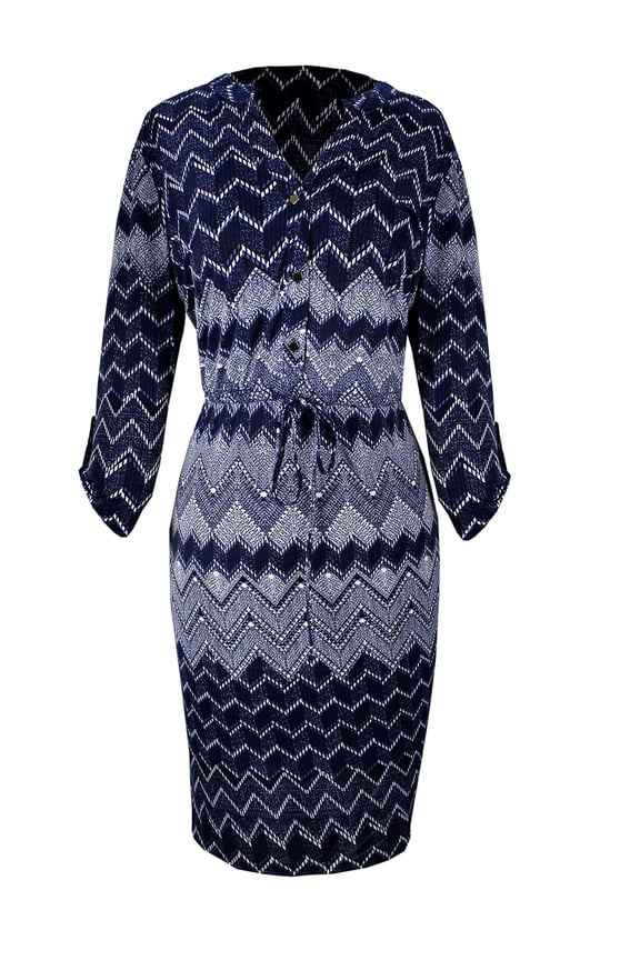 Womens Multi Pattern Button V Neck Shift Dress 3/4 Sleeves Chevron Blue, XL