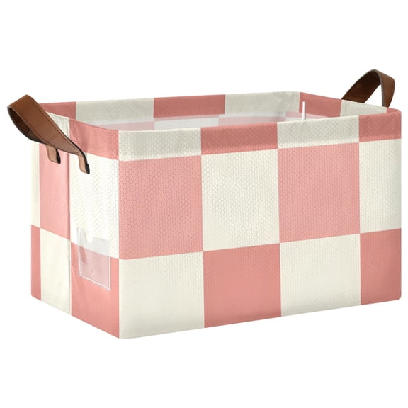 Peach Cream Check Pattern Collapsible Storage Bin Open Home Shelf Basket Water-Resistant Iron Frame Large
