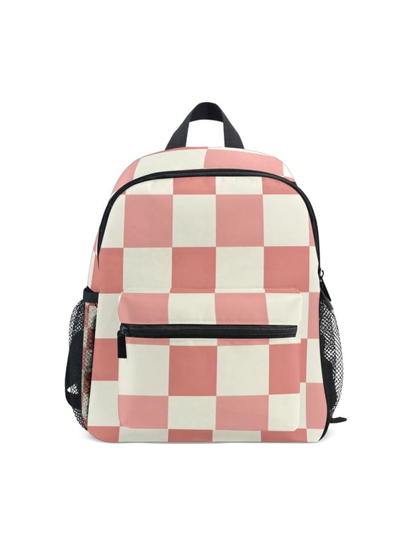 Peach Cream Check Pattern Mini Backpack Cute Small Backpack with Chest Strap and Whistle Ages 3-8