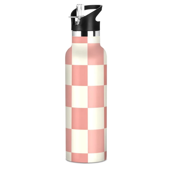 Peach Cream Check Pattern Sport Water Bottle for Kids Insulated with Straw for School Outdoor Daily Use