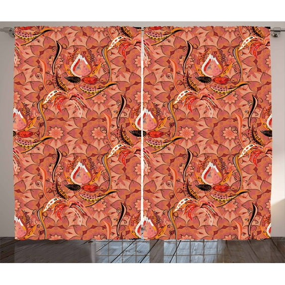 Ambesonne Peach Curtains 2 Panel Set, Floral Vibrant Drawing, 108" x 90", Peach Orange Black