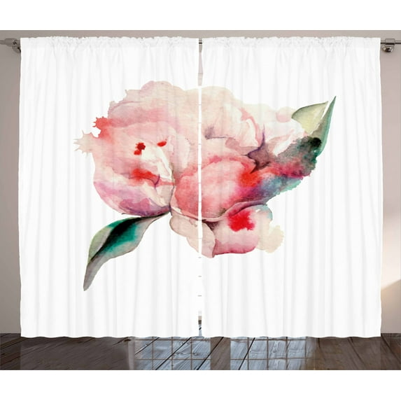 Ambesonne Peach Curtains 2 Panel Set, Watercolor Penoies Nature, 108" x 63", Scarlet Rose Green