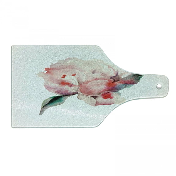 Peach Cutting Board, Hand Drawn Watercolor Peonies Realistic Flower in Warm Color Palette Nature, Tempered Glass Cutting and Serving Board, Wine Bottle Shape, Scarlet Rose Green, by Ambesonne