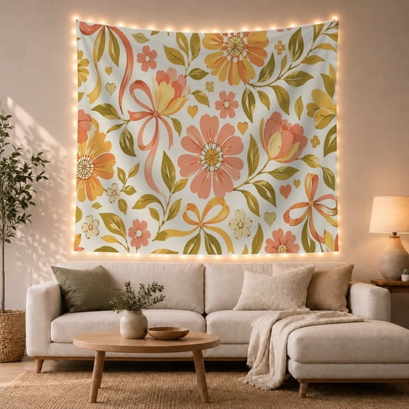 Peach Daisies Among Ribbon Bows and Wildflowers, Playful Retro for Flower Lovers, Botanical Wall Art, Mother'S Day Gift, Tapestry Wall Hanging for Bedroom and Dorm