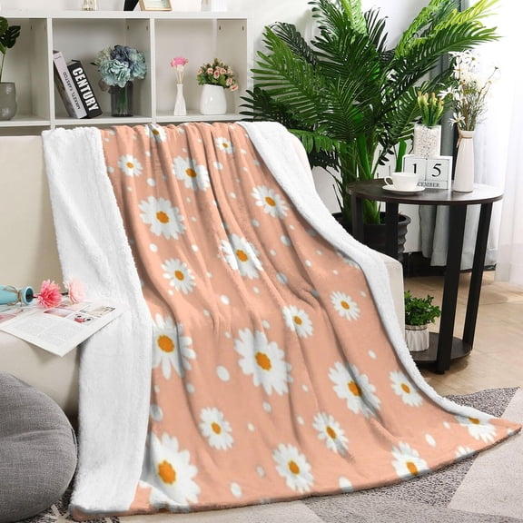 Peach Daisy Flower White Blooms Pattern Blanket,Comfortable Soft Flannel Throw Blanket,All Season,Warm Lightweight Blankets for Sofa Bed Couch Living Room Chair,60"x80"
