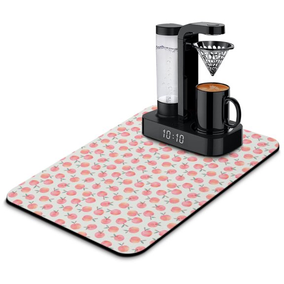 Peach Dish Drying Mat, Juicy Pink Tropical Fruit Pattern Cute Kawaii Absorbent Kitchen Mat