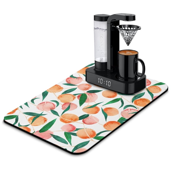 Peach Dish Drying Mat, Juicy Pink Tropical Fruit Pattern Cute Kawaii Absorbent Kitchen Mat