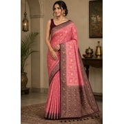 Peach Dola Silk Saree, Banarasi Zari Woven Floral Motifs, Maroon Border, Festive Wear
