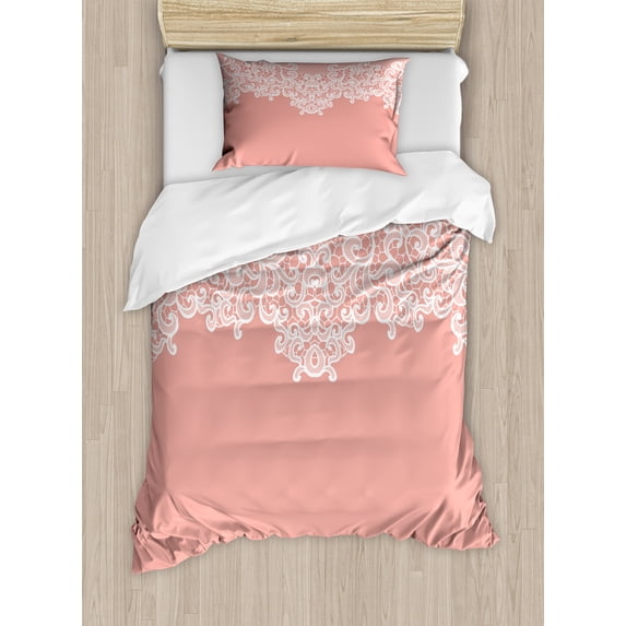 Peach Duvet Cover Set, Abstract Lace Design Wedding Engagement Inspiration Floral Arrangement Pale Backdrop, Decorative 2 Piece Bedding Set with 1 Pillow Shams, Twin Size, Coral White, by Ambesonne