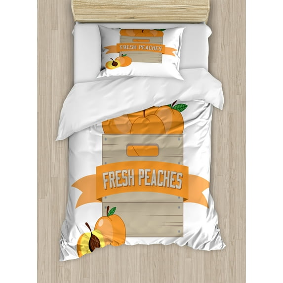 Peach Duvet Cover Set, Cartoon Illustration of Ripe Fruits in a Box with Fresh Peaches Lettering, Decorative 2 Piece Bedding Set with 1 Pillow Shams, Twin Size, Apricot Dusk and White, by Ambesonne