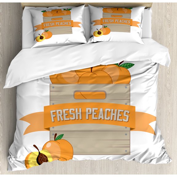 Peach Duvet Cover Set, Cartoon Illustration of Ripe Fruits in a Box with Fresh Peaches Lettering, Decorative 3 Piece Bedding Set with 2 Pillow Shams, Queen Size, Apricot Dusk and White, by Ambesonne