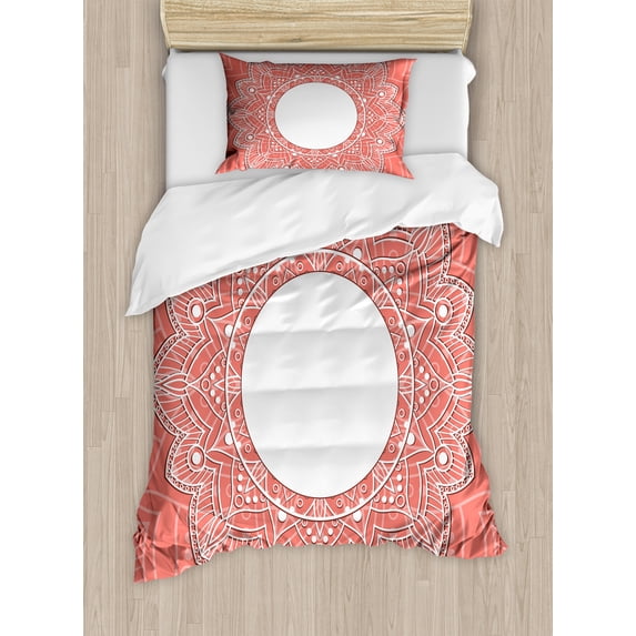 Peach Duvet Cover Set, Lace Design with Lines and Circles Bridal Inspirations with Soft Colored Background, Decorative 2 Piece Bedding Set with 1 Pillow Shams, Twin Size, Coral White, by Ambesonne