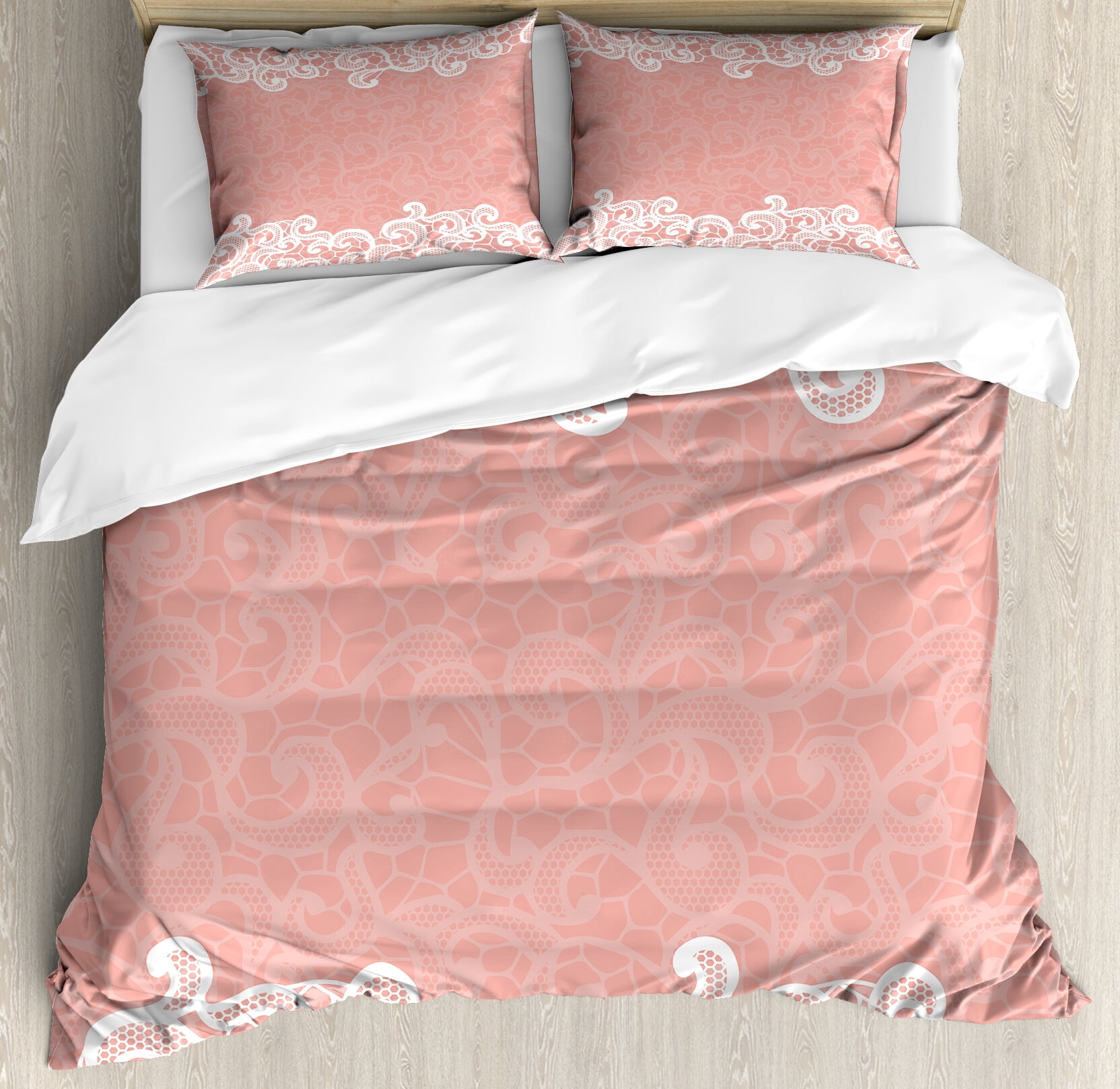 Peach Duvet Cover Set, Lace Design on Soft Colored Background ...