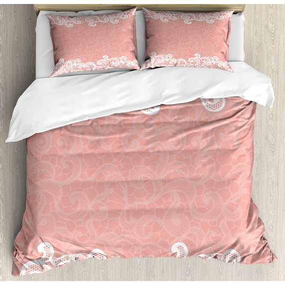 Peach Duvet Cover Set, Lace Design on Soft Colored Background Ornamental Pattern Wedding Inspired Image, Decorative 3 Piece Bedding Set with 2 Pillow Shams, Queen Size, Coral White, by Ambesonne