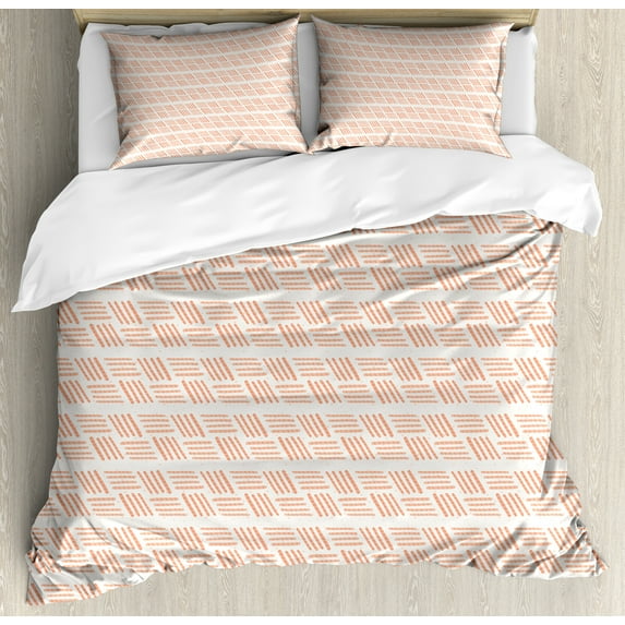 Peach Duvet Cover Set, Pastel Abstract Simplistic Repetition of Continuous Stripes and Bars, Decorative 3 Piece Bedding Set with 2 Pillow Shams, Calking Size, Off White Salmon, by Ambesonne