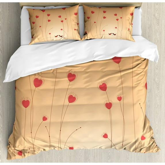 Peach Duvet Cover Set, Romantic Heart Shapes in Floral Drawn Like Pattern and Little Birds Print, Decorative 3 Piece Bedding Set with 2 Pillow Shams, Queen Size, Apricot and Dark Coral, by Ambesonne