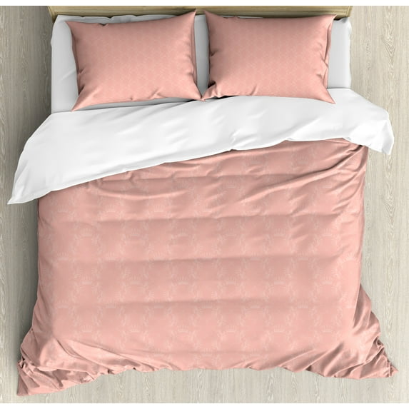 Peach Duvet Cover Set, Soft Colored Background with Crowns and Floral Abstract Motifs with Faded Look Monochrome, Decorative 3 Piece Bedding Set with 2 Pillow Shams, King Size, Coral, by Ambesonne