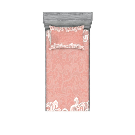 Peach Fitted Sheet & Pillow Sham Set, Lace Design on Soft Colored Background Ornamental Pattern Wedding Inspired Image, Decorative Printed 4 Piece Bedding Decor Set, Twinxl, Coral White, by Ambesonne