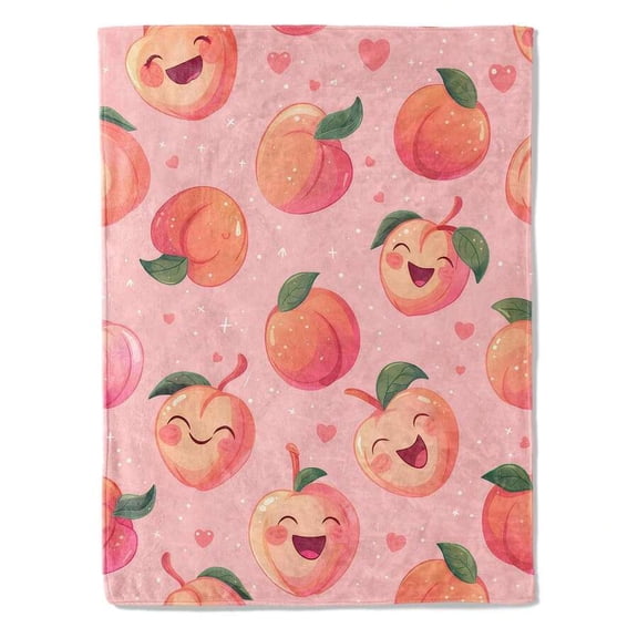 Peach Flannel Blanket - Soft Cozy Lightweight Throw with Cute Smiling Fruit, Whimsical Decor for Modern Home Room, Gift for Adult, 50x60 Inches
