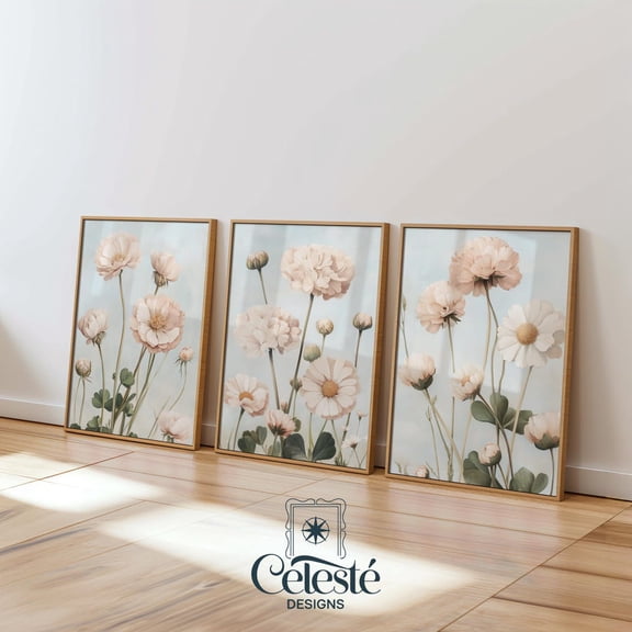 Peach Floral, Blush Botanical Triptych Poster Printed Poster, Stretched Canvas