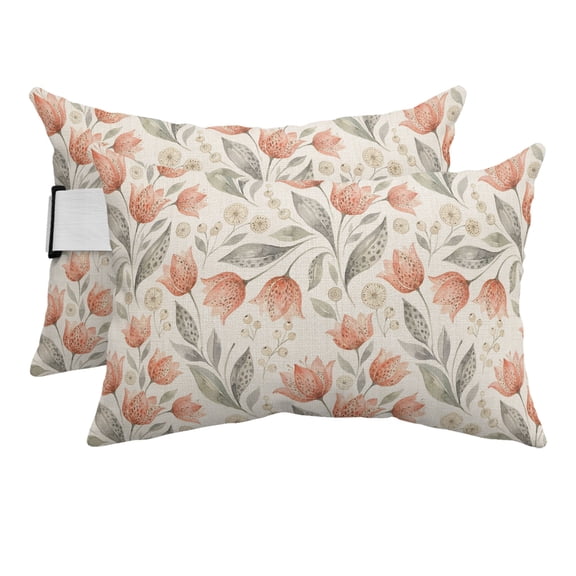 Peach Floral Outdoor Pillows for Chaise Lounge Chair Beach Headrest Pillow Set of 2 Waterproof Lumbar Pillows with Insert&Adjustable Strap Farmhouse Botanical Garden Flowers Pool Pillow 12"x20"