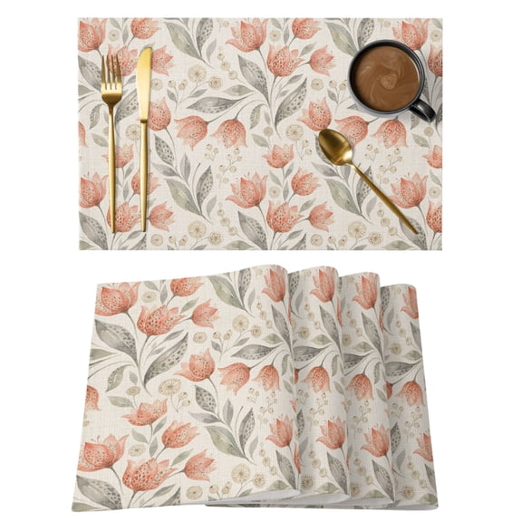 Peach Floral Placemats Set of 2 Farmhouse Botanical Garden Flowers Place Mats Indoor Wipeable Table Mats Washable Cloth Dining Table Placemats for Kitchen Holiday Party Home Decor 13x19 Inch