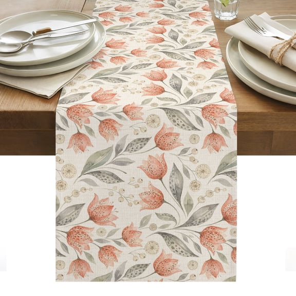 Peach Floral Table Runner Farmhouse Botanical Garden Flowers Tablerunners 13 x 36 Inch, Table Decorations Tabletop Scarf for Summer Gathering Holiday Farmhouse Kitchen Dining Decor