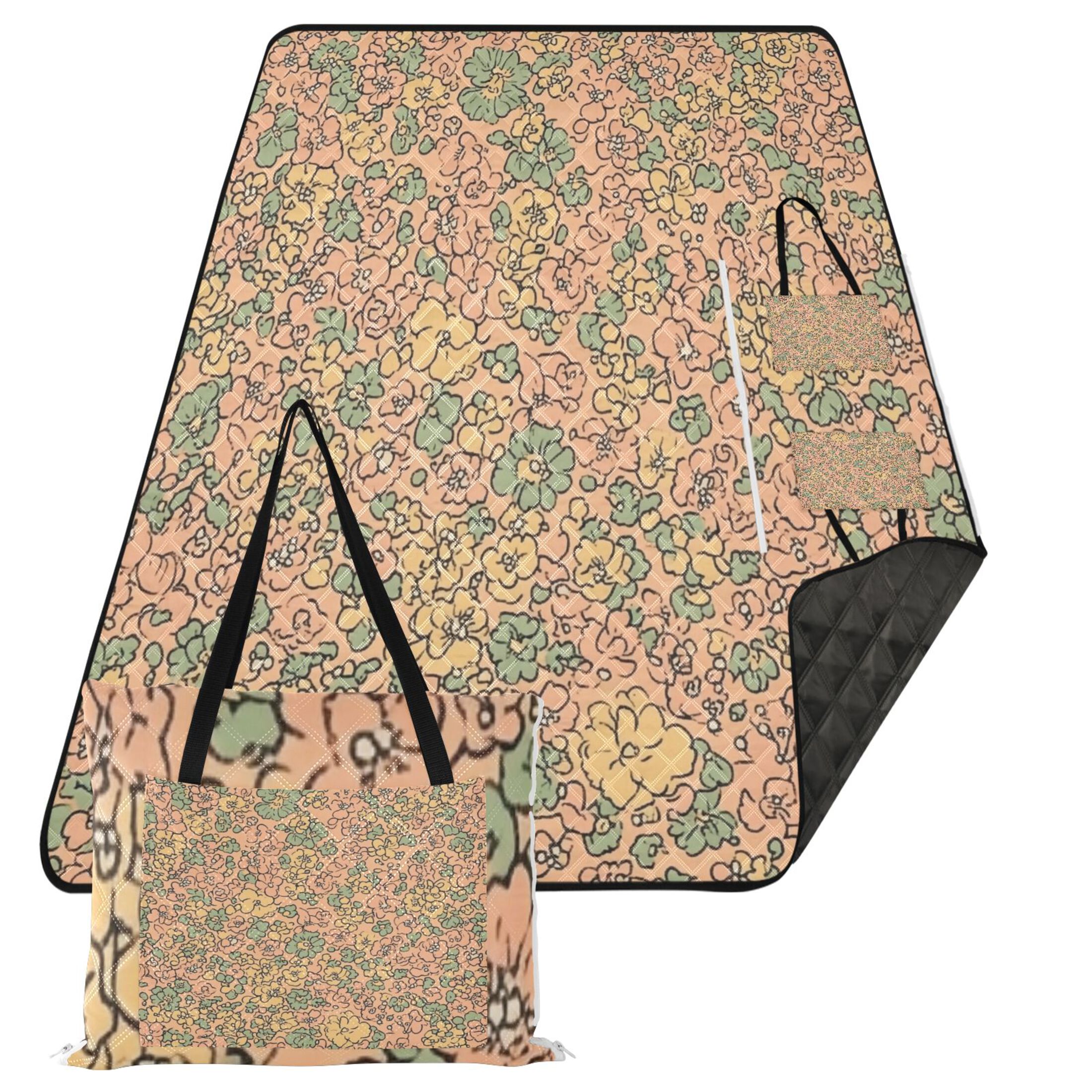 Peach Floral Tapestry 60x80in Waterproof Picnic Mat, Foldable Backpack ...