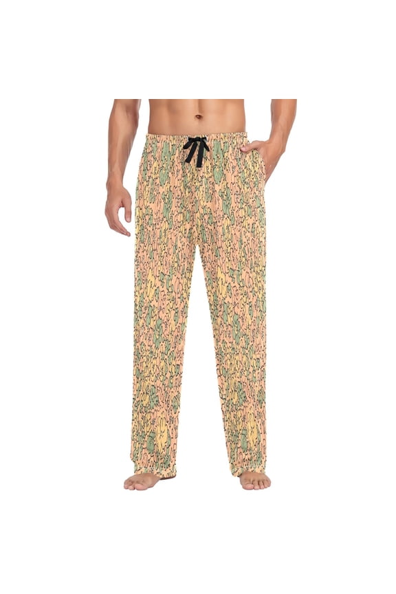 Peach Floral Tapestry Mens Cotton Pajama Pants Long Staple Lightweight Sleep Bottoms with Pockets Breathable