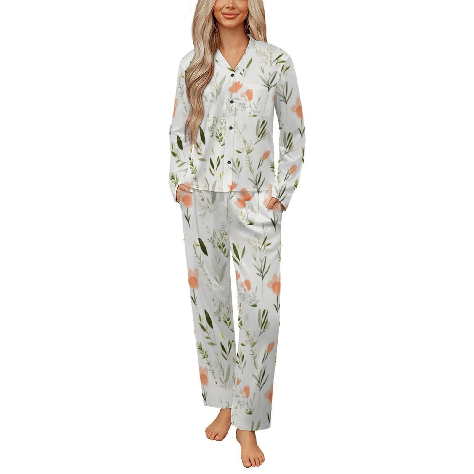 Button Pyjamas Peach Flowers White Background Pattern Design Womens Pyjamas Set Button ...