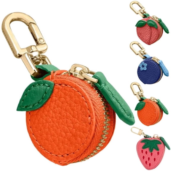 Peach Fruit Charm Coin Purse, Strawberry Coin Purse, Waterproof Leather Fruit Bag Charm Bag Keychain, Pu Cute Keychain Mini Pouch for Ai-rtag Wallet Gift for Girl Women (tangerine*1pcs)