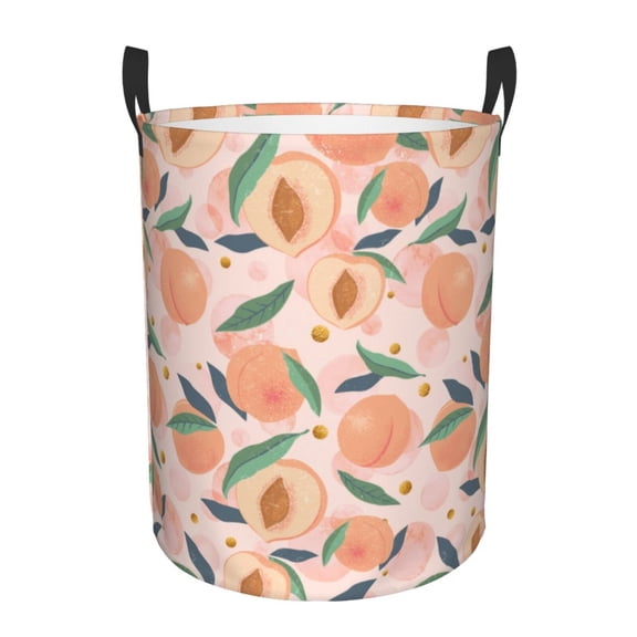 Peach Fruit Circular Laundry Hamper With Handles, Collapsible Canvas Organizer Basket For Dirty Clothes, Storage or Bedroom Small
