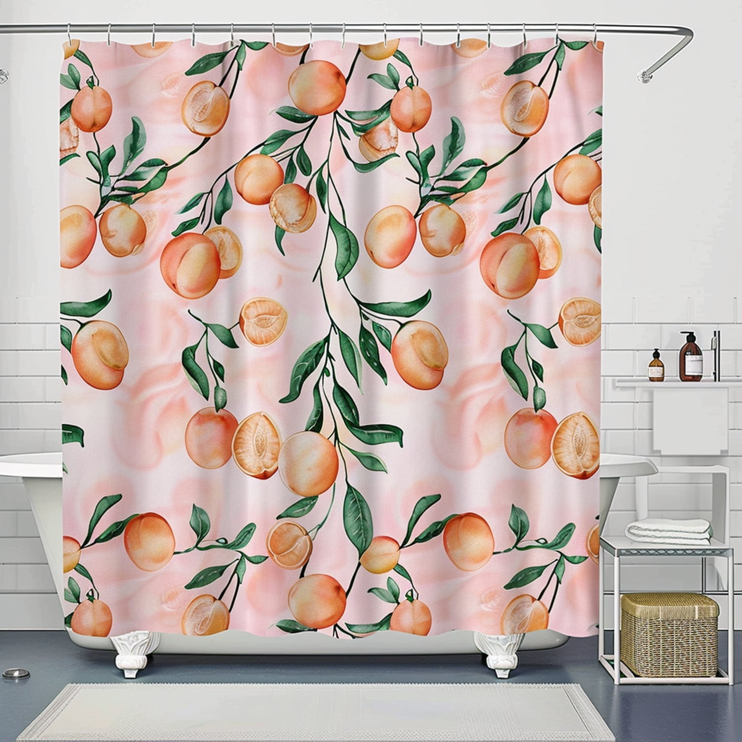 Peach Fruit Pattern Pastel Pink Bathroom Shower Curtain with Peaches