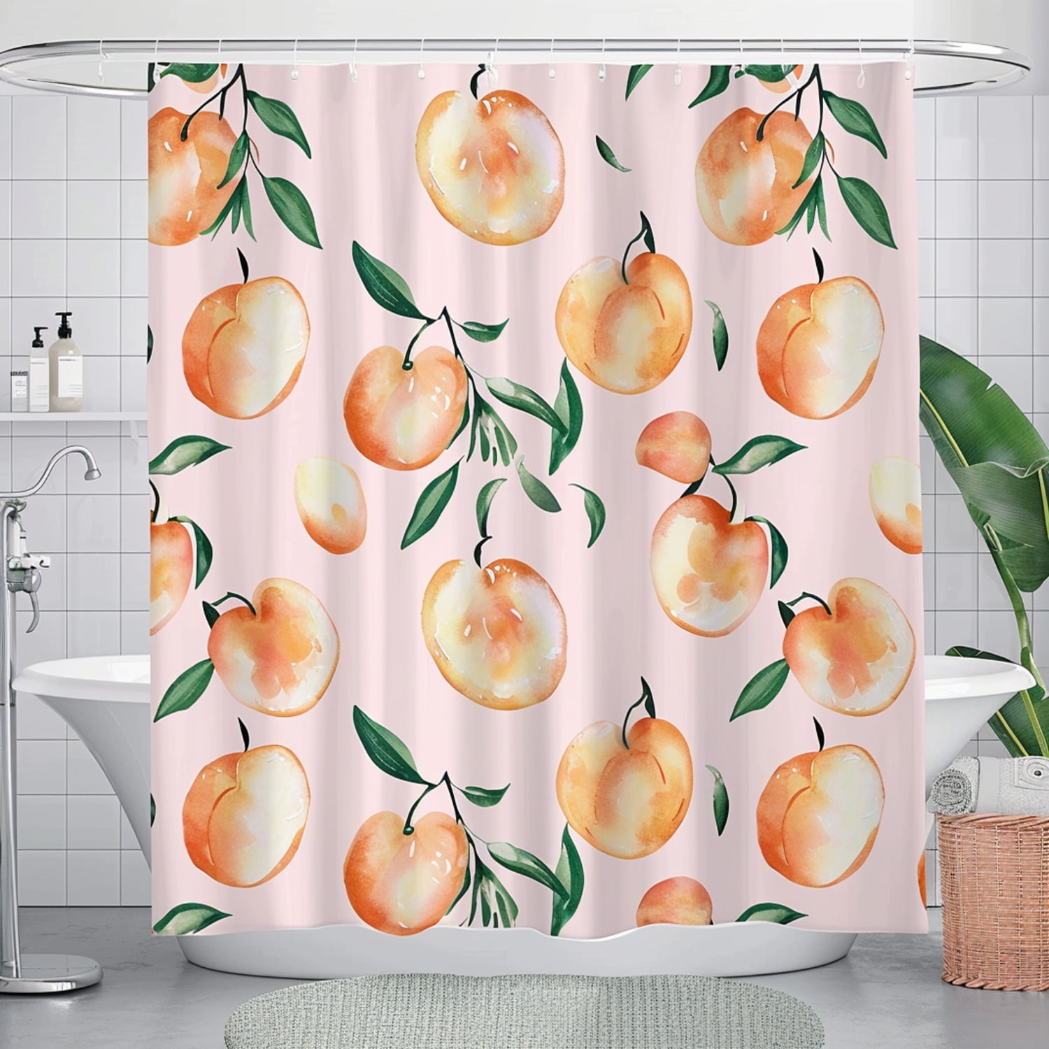Peach Fruit Pattern Pastel Pink Shower Curtain Set Bathroom Decor ching