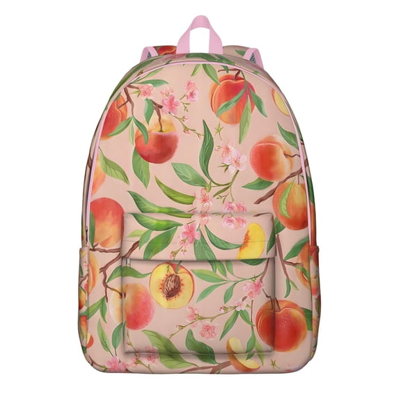 Peach Fruit Print School Backpack, Sweet Juicy Pink Peach Pattern Daypack with Kawaii Cartoon Style and Vibrant Tropical Aesthetic Design