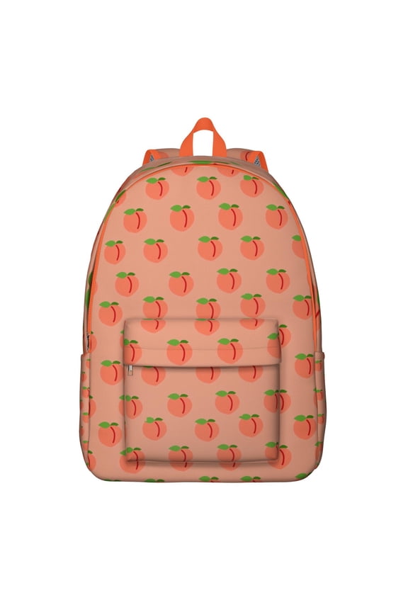 Peach Fruit Print School Backpack, Sweet Juicy Pink Peach Pattern Daypack with Kawaii Cartoon Style and Vibrant Tropical Aesthetic Design