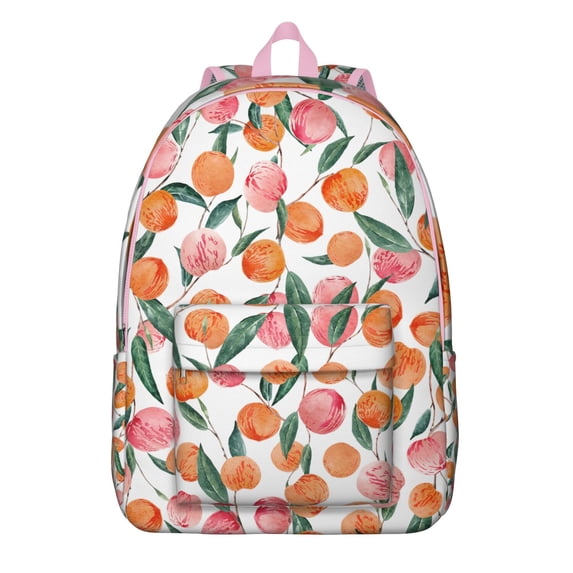 Peach Fruit Print School Backpack, Sweet Juicy Pink Peach Pattern Daypack with Kawaii Cartoon Style and Vibrant Tropical Aesthetic Design