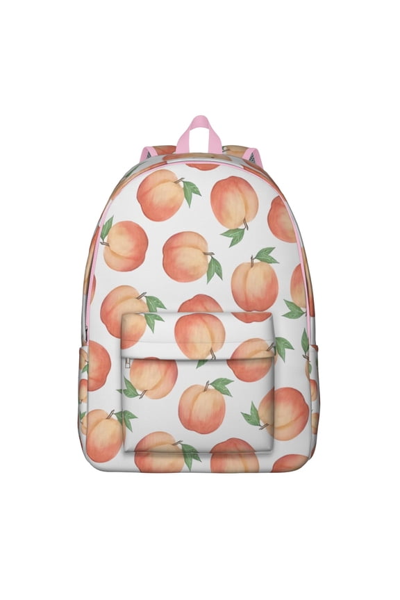 Peach Fruit Print School Backpack, Sweet Juicy Pink Peach Pattern Daypack with Kawaii Cartoon Style and Vibrant Tropical Aesthetic Design