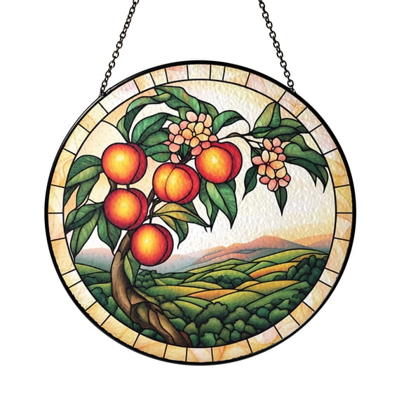 Peach Fruit Theme Fantasy Stained Glass Window Hanging, Decorative Orchard Glass Suncatcher Art for Bright Home Window Decor