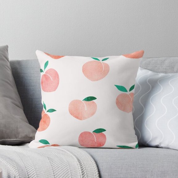 Peach Fruit and Green Leaves Square Pillow Case, Peach Pink and Off-White, 100% Polyester Velvet
