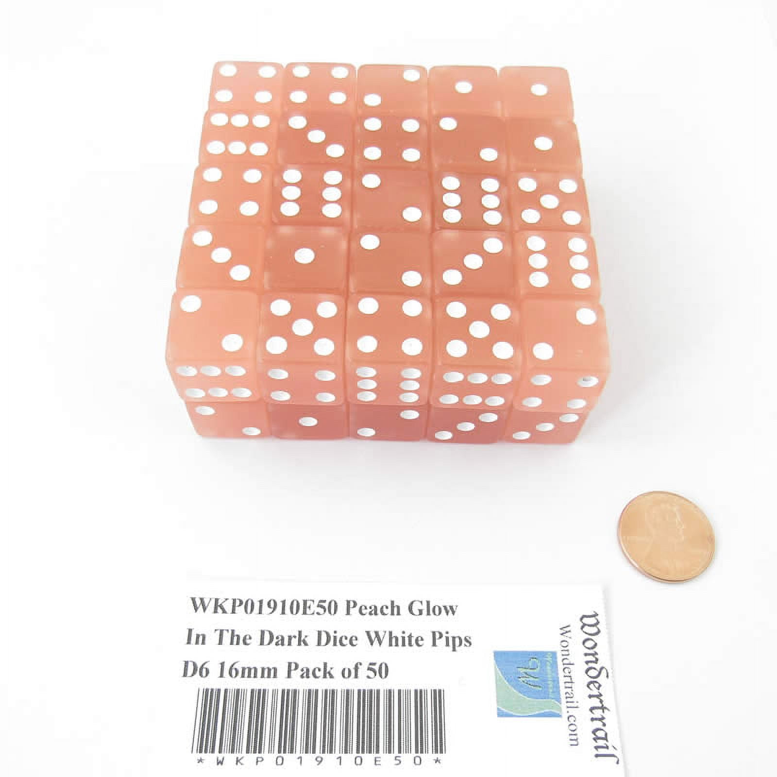 Peach Glow In The Dark Dice with White Pips D6 16mm (5/8in) Pack of 50 Wondertrail