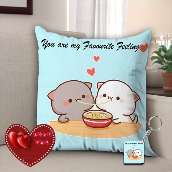 Peach & Goma Mochi Cat Pillow Cushion, Cartoon Pattern, Sky-Blue - 12 X 12 Inch | 3 Items For Wife, Anniversary, Birthday, All Season Home Dcor | Soft Peach Goma Pillow - Pack Of 1