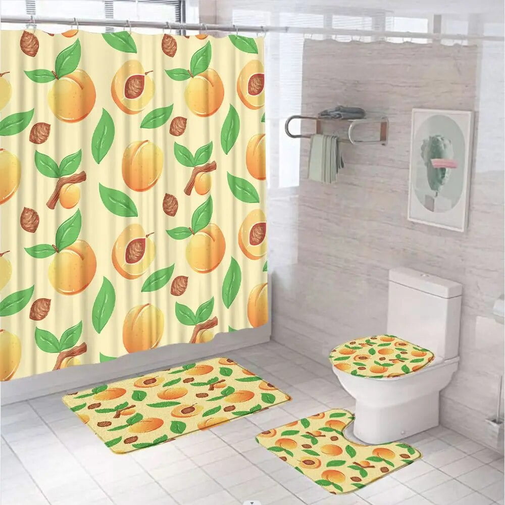 Peach Green Leaves Shower Curtains Sets Antislip Rug Toilet Cover Bath