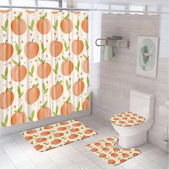 Peach Green Leaves Shower Curtains Sets Anti-slip Rug Toilet Cover Bath Mat Boho Tropical Fruit Orange Apricot Bathroom Curtain
