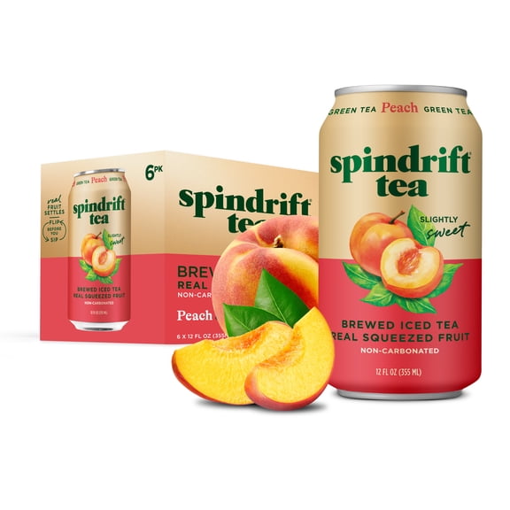 Spindrift Peach Iced Tea, Real Brewed Green Tea with Real Squeezed Peach Juice, Low Calorie (49 Calories), No Artificial Sweeteners, 6 Pack, 12 fl oz Cans