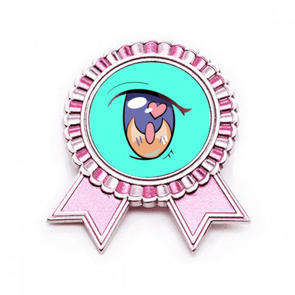 Peach Hearts Glad Joyful Eyes Badge Brooch Pin Pink Winner Award Medal