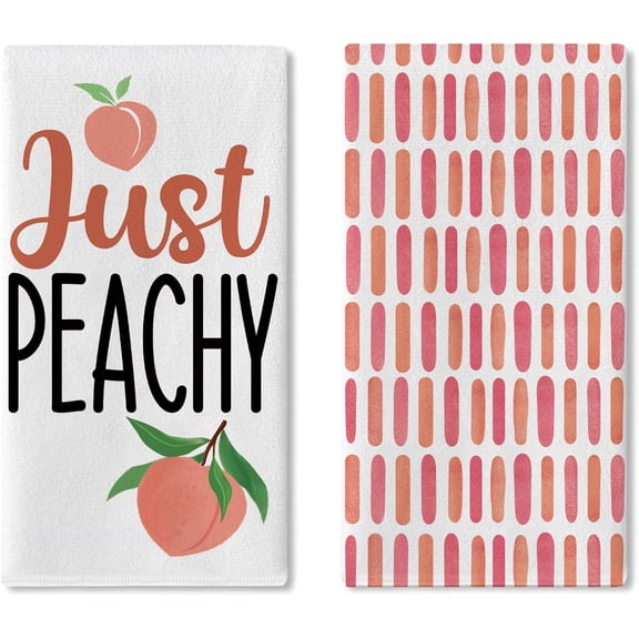 Peach Kitchen Dish Towels Set of 2, Just Peachy Fruit Geometric Girly Drying Hand Towel Baking Cooking Cloth, Spring Summer Bathroom Home Decoration 18'' x 26''