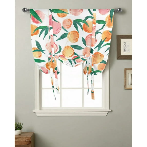 Peach Leaf Flowers Fruit Watercolor Kitchen Short Window Curtain Modern Home Decor Small Window Roman Tie Up Curtains