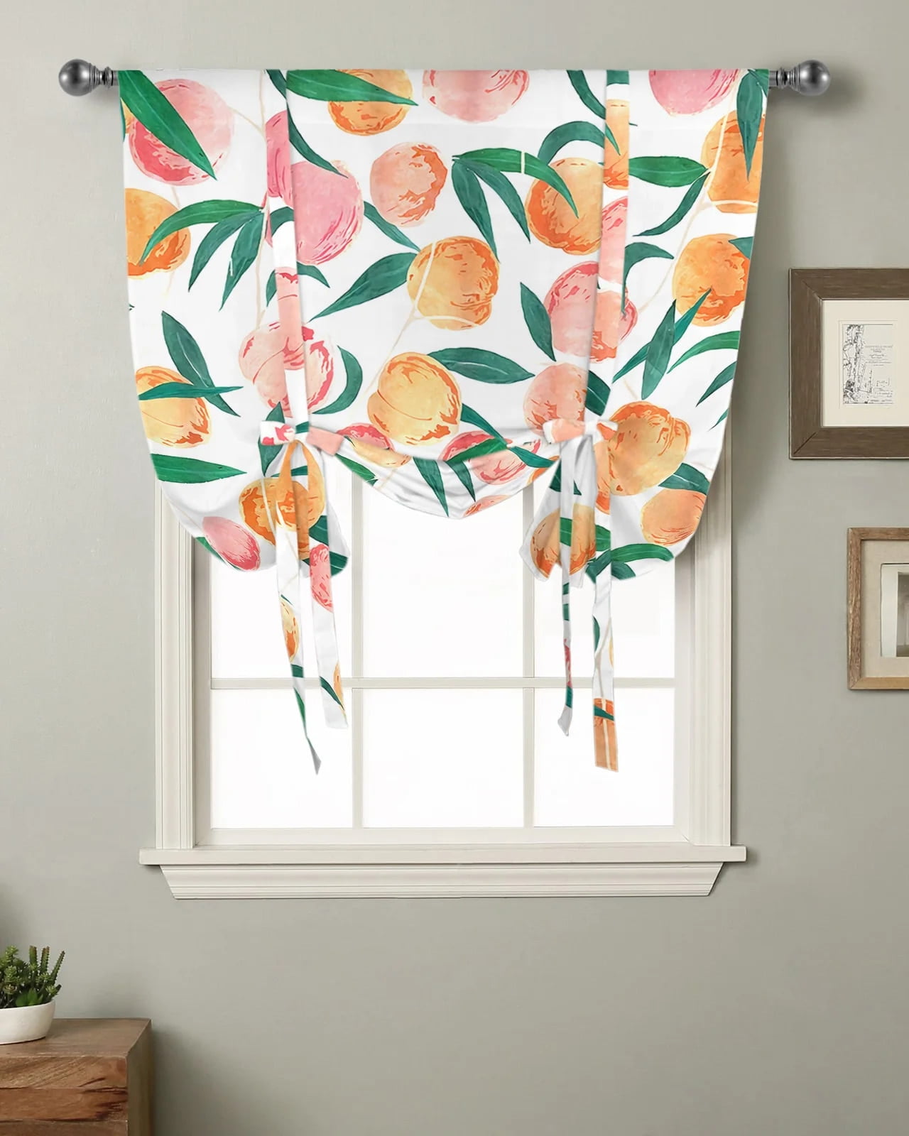 Peach Leaf Flowers Fruit Watercolor Kitchen Short Window Curtain Modern ...