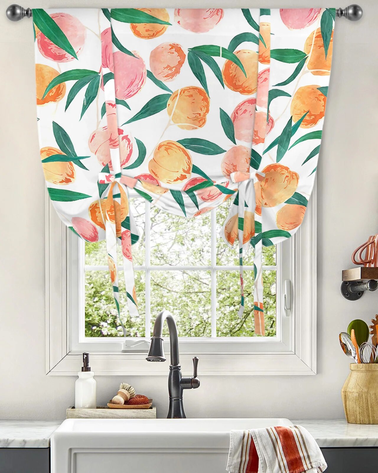 Peach Leaf Flowers Fruit Watercolor Window Curtain for Living Room ...